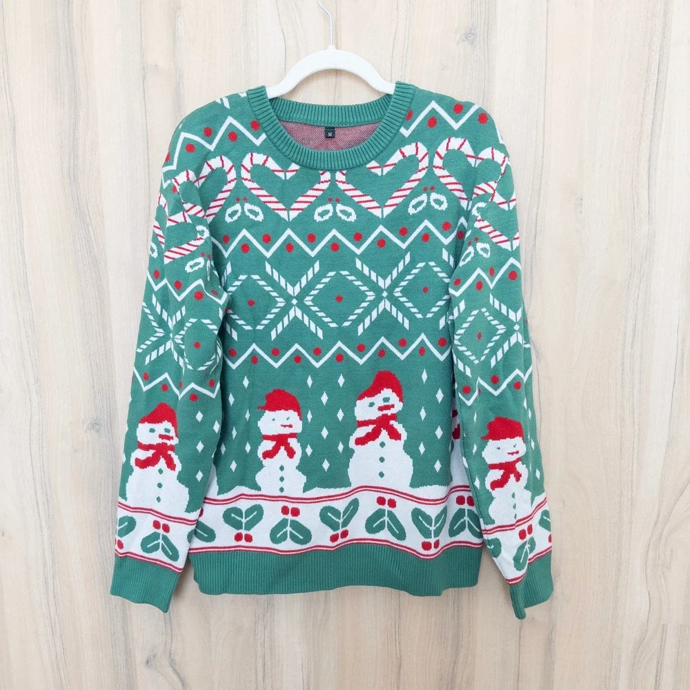 Womens Holiday Sweater Size M Green Red Snowman Candy Cane Christmas Soft Cozy
